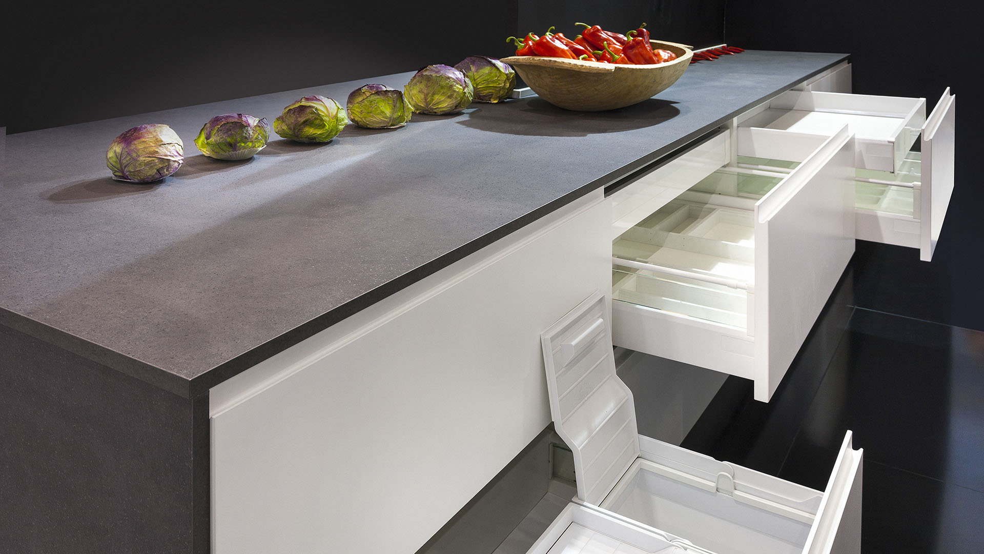 Kitchen drawers with smoked ham